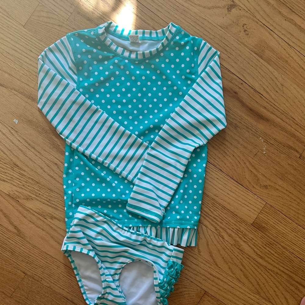 Ruffle Butts Aqua Polka Dot and Stripe Rashguard Set - Picture 4 of 4